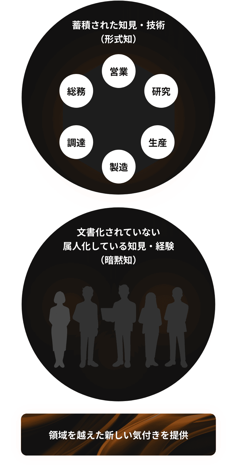 蓄積された知見・技術(形式知)と文書化されていない属人化している知見・経験(暗黙知)で領域を超えた新しい気付きを提供